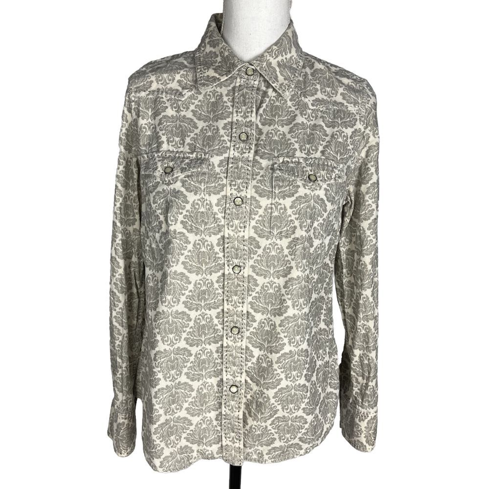 Liz Claiborne M Western Button Up Long Sleeve Corduroy Pearl Snap Ivory Gray